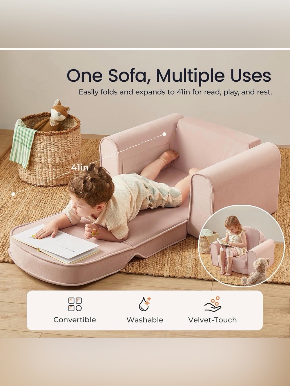 Tiny Land 2-in-1 Foldable Kids Couch with Pocket Soft Thick Toddler Sofa - Pink - Picture 2 of 7